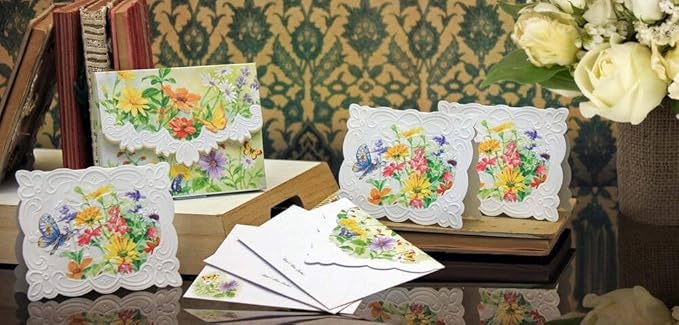 Butterflies Floral Harmony Decorative Notecards by Carol Wilson Spring Meadow Boxed Portfolio. 10 embossed 4x5 Die-Cut Notecards and Matching Envelopes in Decorative Gift Box Magnetic Flap. NCP2439