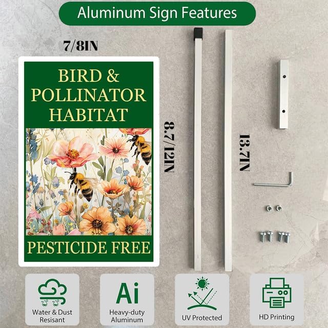 Bird and Pollinator Habitat Pesticide Free Yard Sign With Stakes 8X12 inches Rustproof Reflective Aluminum Pollinator Friendly Garden Sign Stand Bee Outdoor Decor