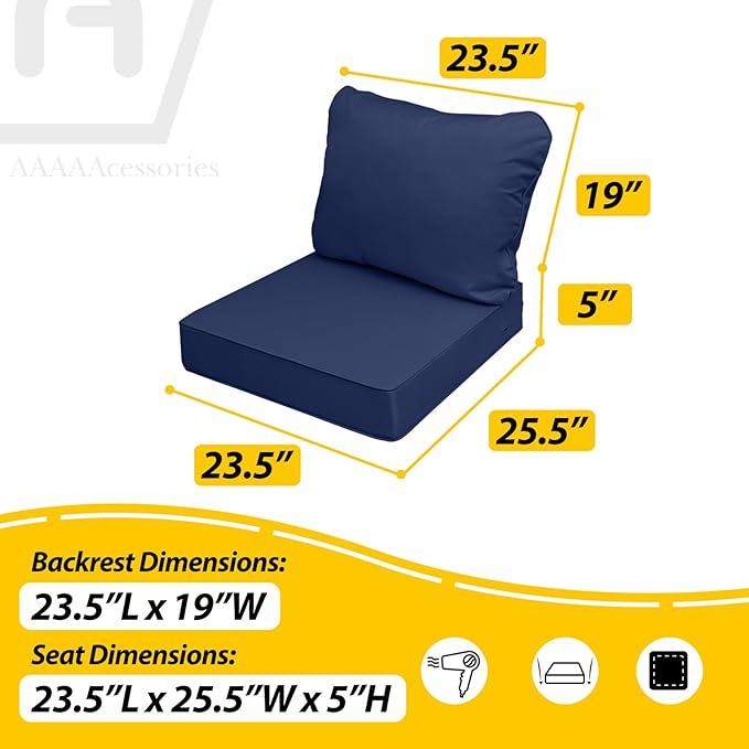 AAAAAcessories Outdoor Deep Seat Cushions, Waterproof, Fade-Resistant Patio Furniture Replacement Cushions, 23.5" x 25.5" x 5" + 23.5" x 19", Set of 4, Navy Blue
