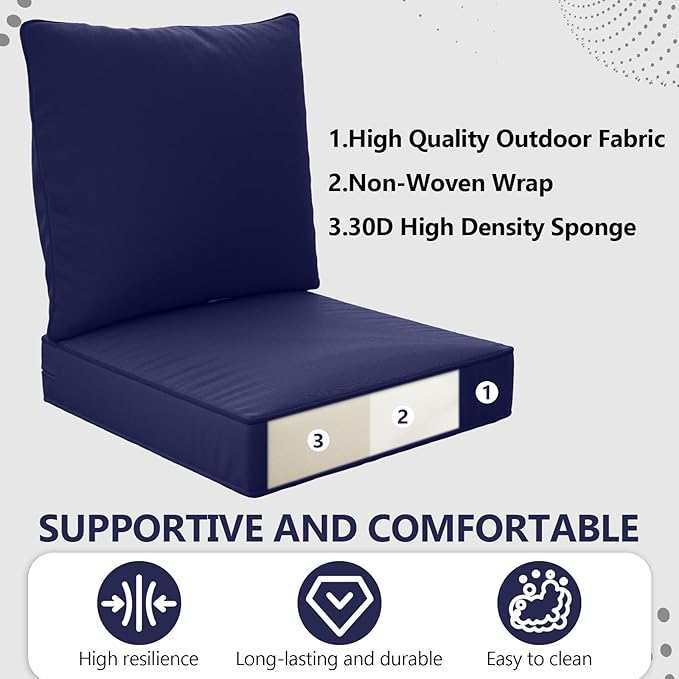 22" x 22" x 6" Outdoor Deep Seat Cushions - Waterproof & Fade Resistant Patio Furniture Replacement Cushions, Non-Slip Outdoor Cushions Fit Loveseats, Couches, Chairs, and Sofas