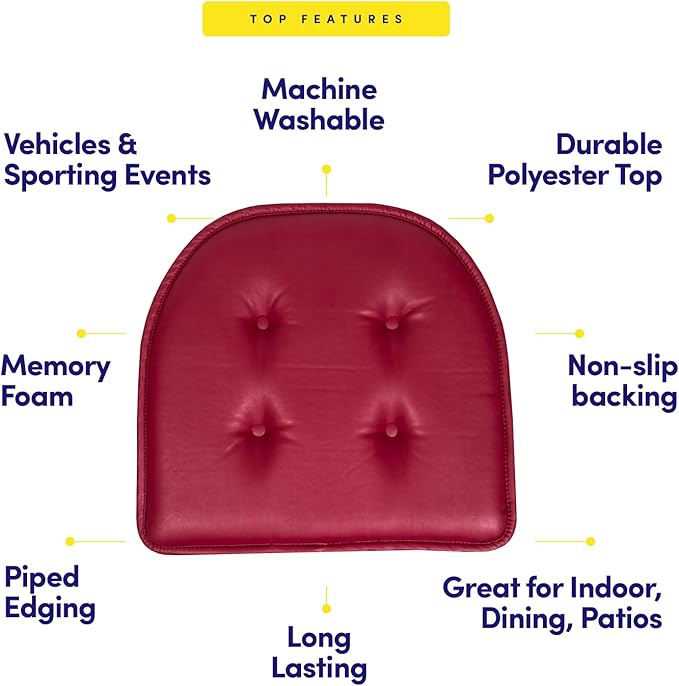Sweet Home Collection Chair Cushion Memory Foam Pads Tufted Slip Non Skid Rubber Back U-Shaped 17" x 16" Seat Cover, 12 Pack, Faux Leather Burgundy Red