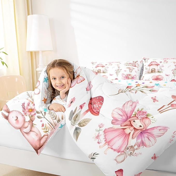 Erosebridal Fairy Garden Twin Bedding Set - Mushroom Floral Butterfly Comforter Set for Kids Girls, Pink Flower Bunny Quilt | Forest Themed Fairies Bedroom Decor with 1 Pillowcase