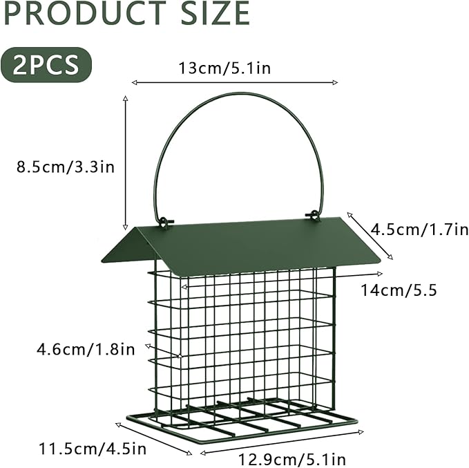 Suet Ball Bird Feeder Outdoor Hanging Metal Wire Wild Bird Feeder Fat Ball Food Feeder with Metal Roof and Platform Outside Cake Suet Feeder Rainproof (Black)