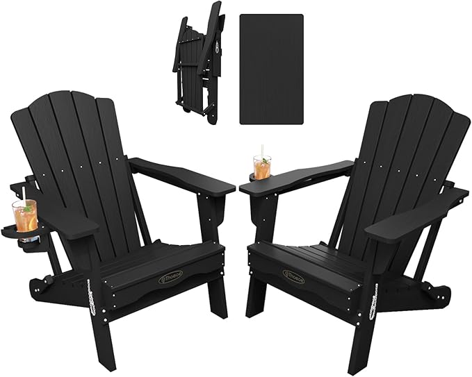 Folding Adirondack Chair Set of 2,HDPE All-Weather Outdoor Chair with Cup Holder,Wooden Textured,Fire Pit Chair,Plastic Patio Chair for Deck,Backyard,Garden,Lawn(Black)