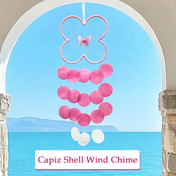 Chic Capiz Shell Wind Chime, Handmade Beach Wind Chimes for Outside, House Decoration for Courtyard, Window, Porch, Unique Gifts for Women (Pink)