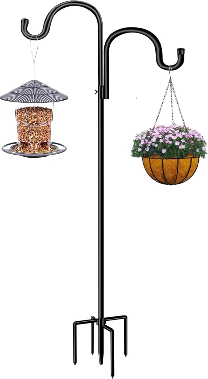 Double Shepherds Hook for Outdoor,78 Inch Bird Feeder Pole with 5 Prongs Base, Heavy Duty Adjustable Garden Hook for Hanging Plant, Solar Light, Lantern, Weddings Decor, Hummingbird Feeder(1 Pack)