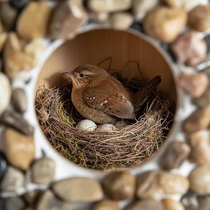 Outdoor Wren Bird House with River Pebble Composite Roof – Decorative Wooden Nesting Box for Wrens, Finches & Small Songbirds – Weather-Resistant Hanging Backyard Habitat,10 Year Lasting (Red)
