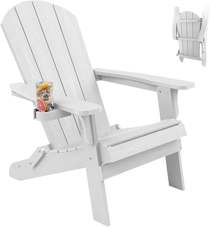 YEFU Adirondack Chair, Oversized Plastic Adirondack Chair Folding Outdoor Chairs with Cup Holder, Lawn Chair with Weather Resistant for Outside Deck Lawn Garden, Weight Capacity Up to 400 Lbs(White)