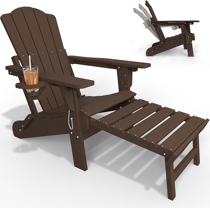 Folding Adjustable Adirondack Chairs with Ottoman & 1 Cup Holders, HDEP Multifunctional Adirondack Chair with Footrest,Brown