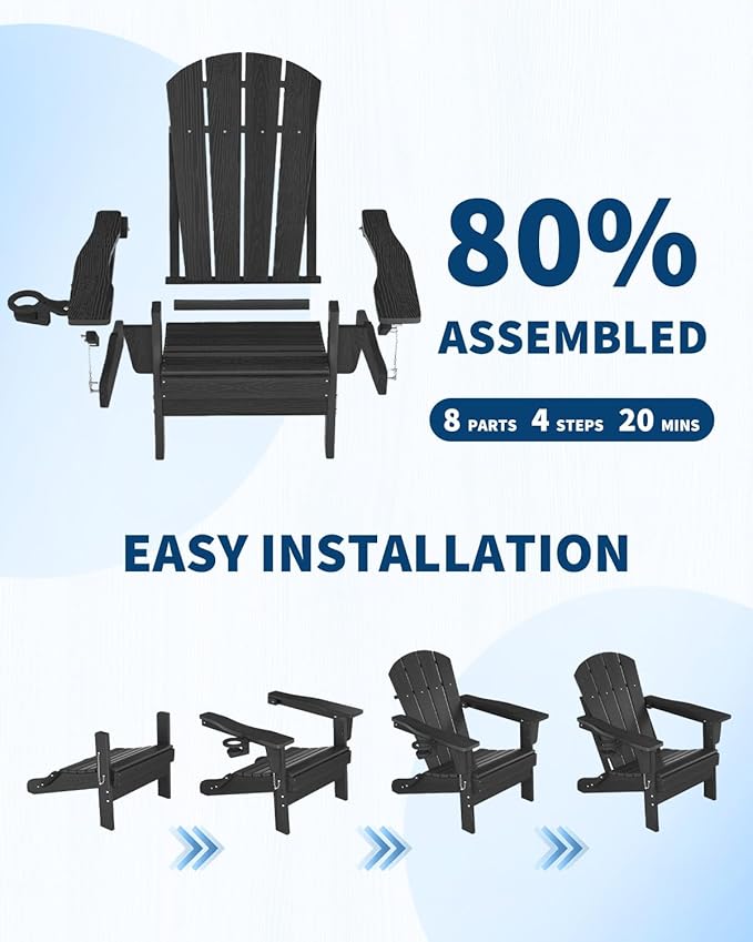 Folding Adirondack Chair Set of 4 with Ottoman, All-Weather HDPE Outdoor Chair, Wooden Textured with Cup Holder for patios, Decks, Gardens, fire pits, Black