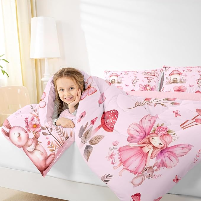 Erosebridal Pink Fairy Garden King Bedding Sets - Mushroom Floral Comforter Set for Girls Kids, Pink Butterfly Flower Bunny Bed Set | Whimsical Fairies Room Decor with 2 Pillowcases