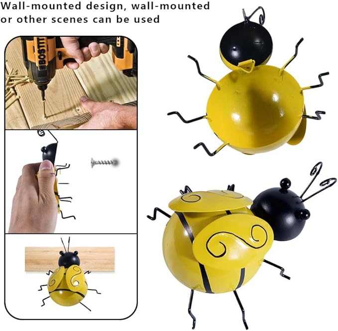 OBTANIM 4 Pack Cute Metal Bee Garden Wall Art Decorative Yard Hanging Decorations Outdoor Lawn Wall Sculptures