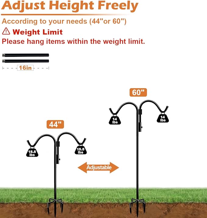 60 Inch Double Shepherds Hook for Outdoor with 5 Prong Base, Adjustable Heavy Duty Bird Feeder Pole for Hanging Flower Basket, Plant Hanger, Solar Light Lanterns, Black