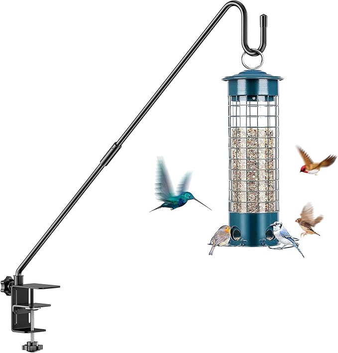 Heavy Duty Adjustable Deck Railing Hook - 28-Inch Outdoor Clamp-Mount Hanging System for Bird Feeders, Wind Chimes & Garden Decor (Fits 2.75" Thickness, Max 12lbs)