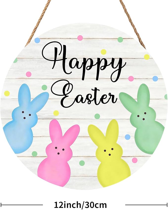 Anyako Happy Easter White Door Sign For Front Door Decor,Cute Bunny Colored Polka Dots Wooden Sign 12"x 12" Round Hanging Spring Door Sign Decoration for Wall Rustic Decor