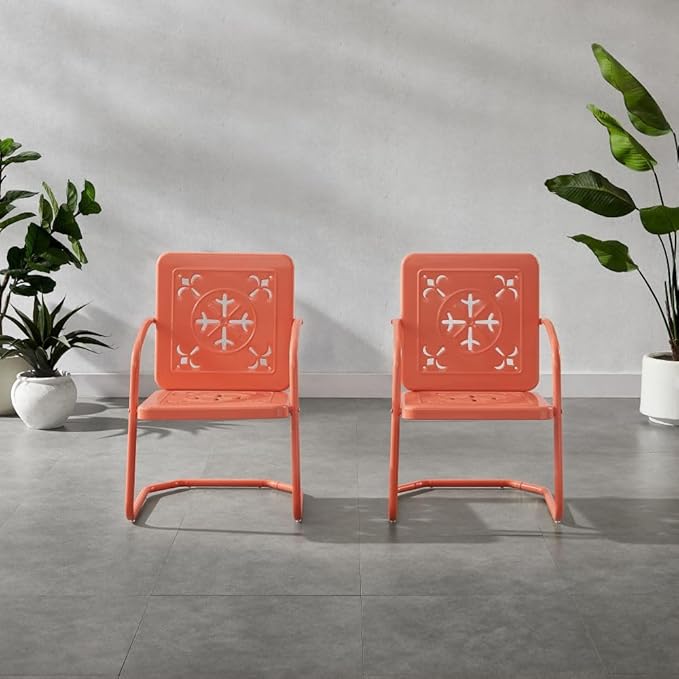 Crosley Furniture Azalea 2-Piece Outdoor Chair Set, Vintage Retro Metal Patio Chairs for Dining, Porch, Deck, Coral Gloss