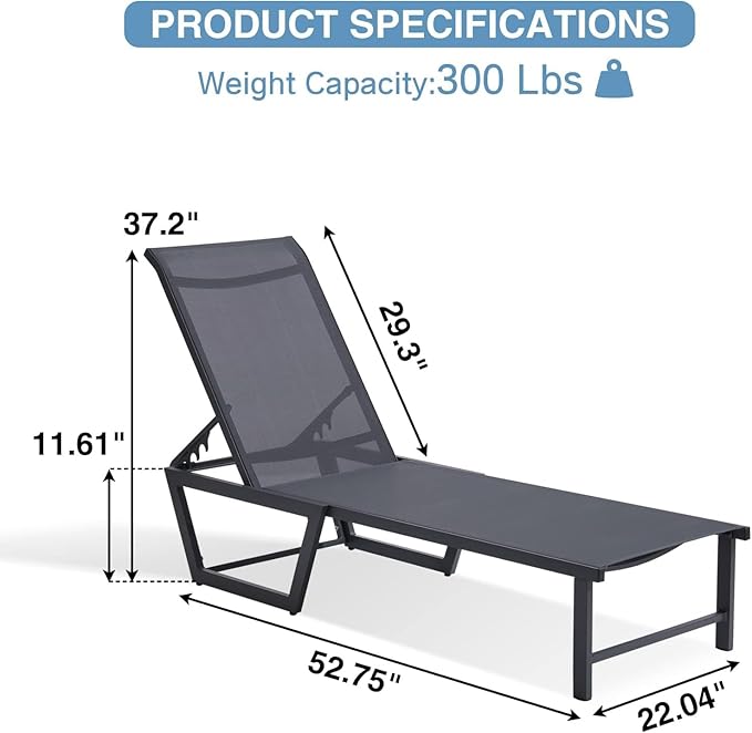 Outdoor Lounge Chair, No Assembly Patio Chaise Lounge Outdoor with 5-Positions, Aluminum Pool Lounge Chair with Portable Design for Pool, Beach, Deck, Backyard,(Grey)