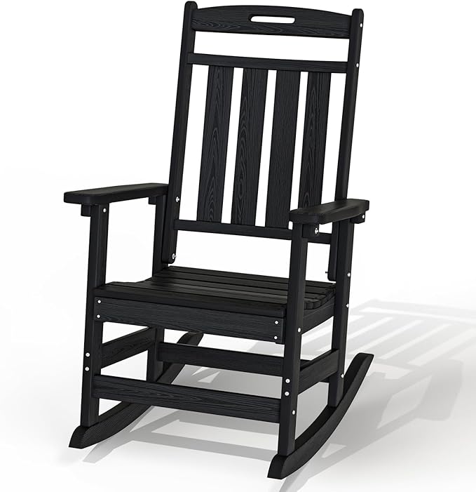 Plawdlik Oversized Rocking Chair,HDPE All-Weather Outdoor Rocking Chair,Patio Rocking Chairs for Porch.Black