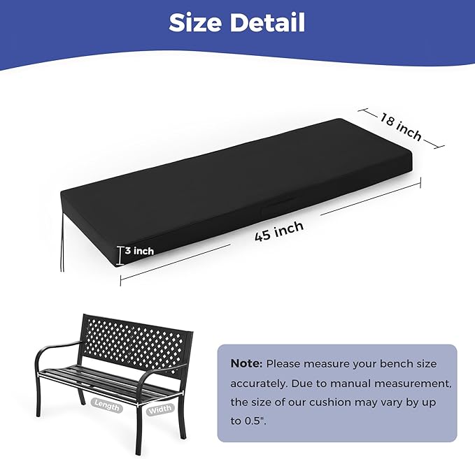 Outdoor Bench Cushions for Outdoor Furniture, 45x18x3 Inch, Waterproof Bench Pillow, Fade Resistant Long Bench Seat Pads for Garden, Indoor, Porch Swing, Black