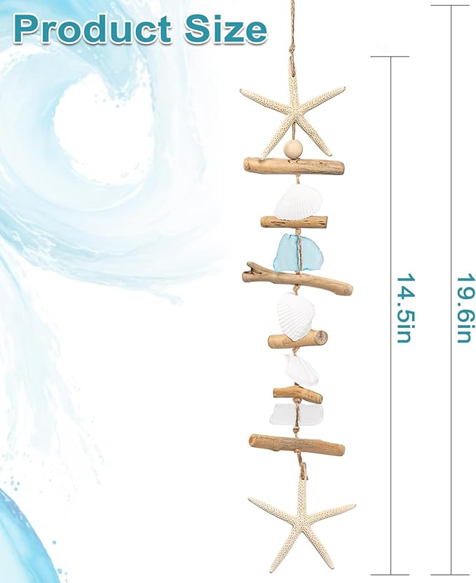 JQAQJU Wooden Driftwood Wall Decor, Starfish Bathroom Decor with Sea Shells, Driftwood Beach Room Decor for Home Indoor Outdoor, Coastal Wall Art for Living Room, Bedroom and Dining Room Blue