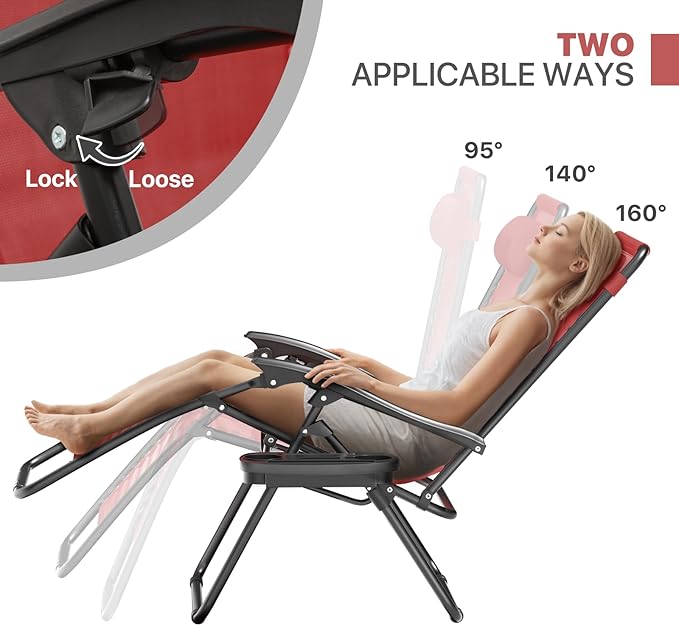 Magshion Zero Gravity Lounge Chairs Set of 2, Outdoor Patio Reclining Chair with Side Tray, Adjustable Anti-Gravity Recliners with Pillow Headrest, Folding Lounger for Lawn Camping Beach, Maroon
