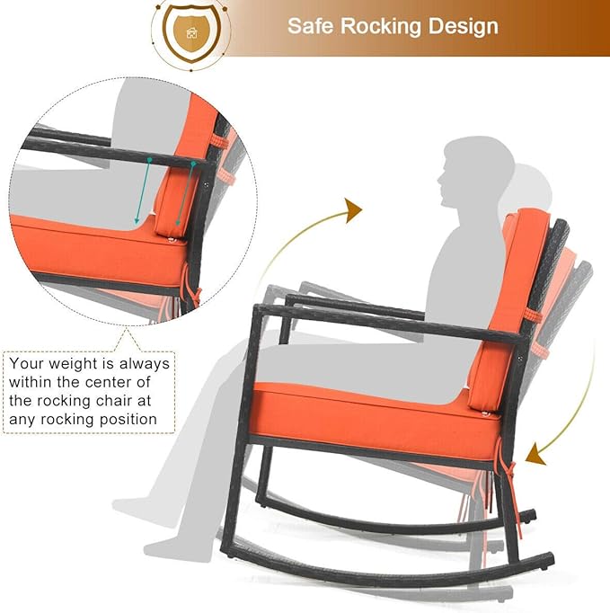 Tangkula Wicker Rocking Chair, Outdoor Glider Rattan Rocker Chair with Heavy-Duty Steel Frame, Patio Wicker Furniture Seat with 5” Thick Cushion for Garden, Porch, Backyard, Poolside (2, Orange)