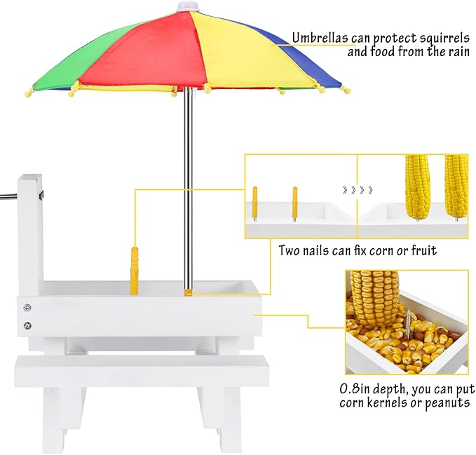 MIXXIDEA Squirrel Feeder Table with Umbrella, Wooden Squirrel Picnic Table Feeder, Sturdy Squirrel Feeder Corn Cob Holder, with Solid Structure and 2 x Thick Benches(Colorful)