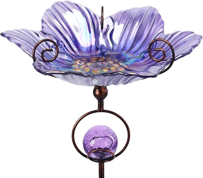 MUMTOP Glass Bird Baths for Outdoors, Flower Bird Baths Bowl with Solar Crackle Glass Globe Lights Decorations and Metal Stake for Outdoor Garden Yard Lawn Outside, Purple