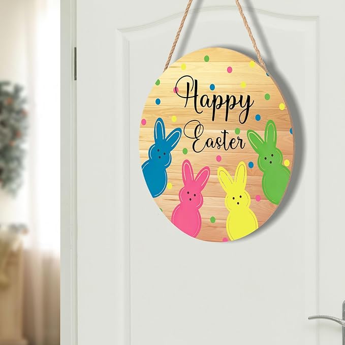 Anyako Happy Easter Yellow Door Sign For Front Door Decor,Cute Bunny Colored Polka Dots Wooden Sign 12"x 12" Round Hanging Spring Summer Door Sign Decoration for Wall Rustic Decor