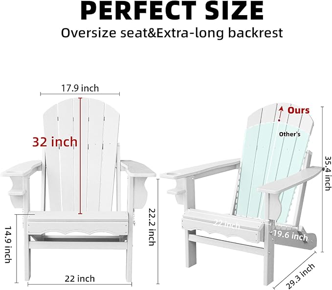 Adirondack Chairs, Folding Adirondack Outdoor Chair with Cup Holder, Wood Texture Fire Pit Chairs for Lawn, Patio Garden and Deck, White