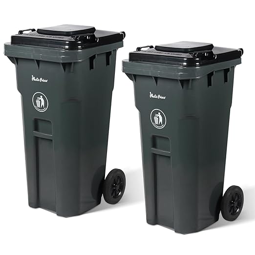 32 Gallon Trash Can with Wheels Outdoor Trash Can with Lid Heavy-Duty Rolling Trash Bin Plastic Outside Garbage Can Wheeled Gray for Home Hospitals Restaurants Offices, Pack of 2