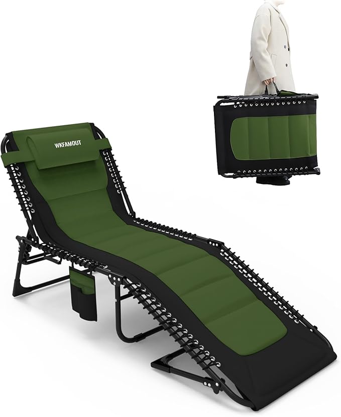 Outdoor Folding Lounge Chair Padded for Adults 264Ibs Patio Chaise Lounge Chair for Outside Adjustable 5-Position Reclining Beach Chair with Pillow Pocket