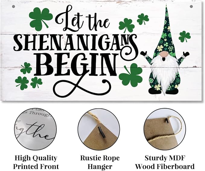 St. Patrick's Day Gnome Wood Sign - 'Let the Shenanigans Begin' - Hanging Wall Art, Irish Home Decor