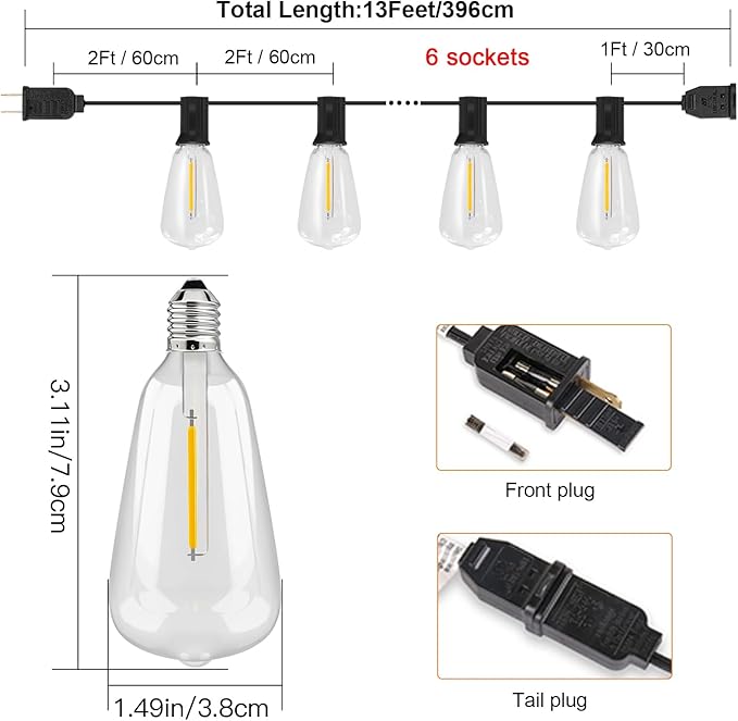 Outdoor String Lights with ST38 Clear Globe Bulbs, Black Cord, Waterproof LED Edison Filament Decorative Lighting for Patio, Garden, Backyard (ST38 Bulbs, 13FT)