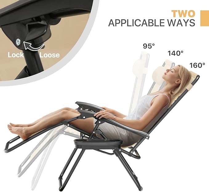 Magshion Zero Gravity Lounge Chairs Set of 2, Outdoor Patio Reclining Chair with Side Tray, Adjustable Anti-Gravity Recliners with Pillow Headrest, Folding Lounger for Lawn Camping Beach, Cream