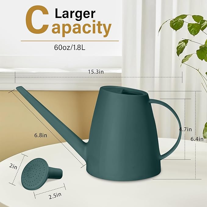 Plastic Watering Can - for Indoor and Outdoor House Plant Garden - with Long Spout - 1/2 Gallon - Blackish Green