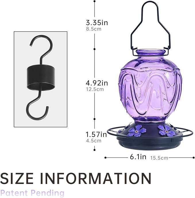 Glass Hummingbird Feeder for Outdoors Hanging,24Ozs Humming Bird Nectar Feeder w/Perch,5 Flower Feeding Ports,Leak Proof Base and Hook for Outside Garden Backyard Decor, Gifts for Women Mom,Purple