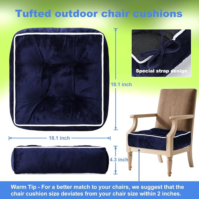 ERWUDEling Outdoor Chair Cushions Set of 2, Tufted Outdoor Chair Cushions - Waterproof & Fade-Resistant with Secure Ties 17x17x5inch,Blue