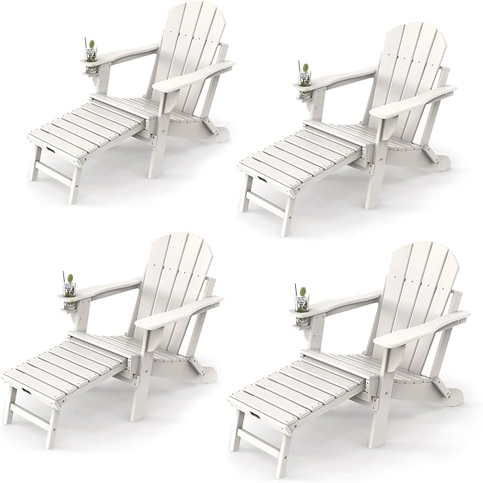VINGLI Folding Adirondack Chair Set of 4 with Ottoman, Waterproof Plastic HDPE Firepit Chair for Outside with Hidden Footrests, Foldable Ergonomics Seating for Patio Porch Yard Garden(White)