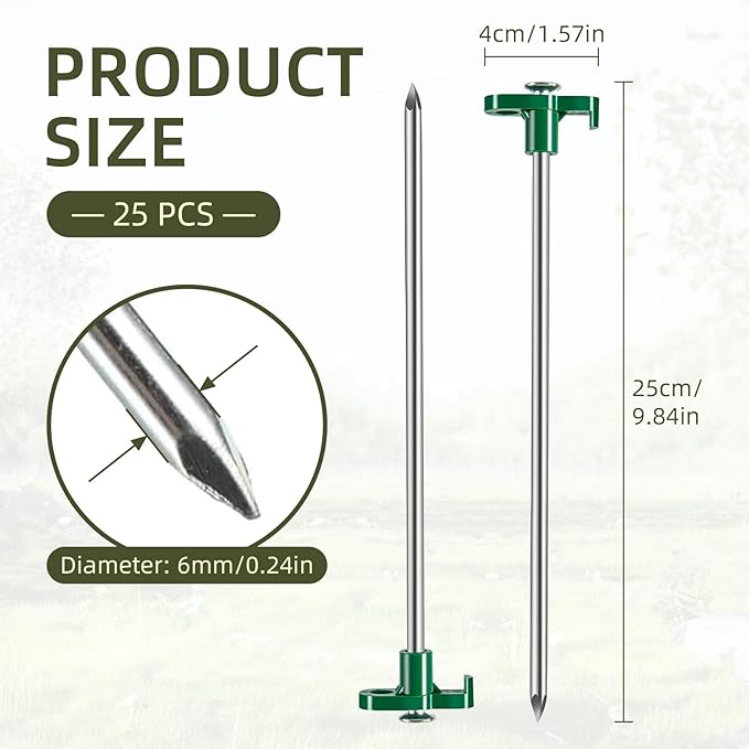 25 Pack Tent Stakes Heavy Duty 10 Inch Camping Stake Yard Stakes Metal Tent Pegs for Ground Stake Spikes for Camping Garden Yard (Green)