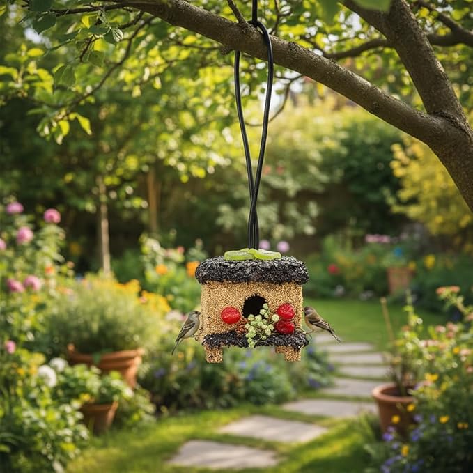Seeded Birdhouse for Outside with Fruit, Wooden Bird House for Wren, Finch, Bluebird,Cardinal, Hanging Seeded Birdfeeder, Bird Seeds Decorated Weather Proof, More Fun Birding (Villa)