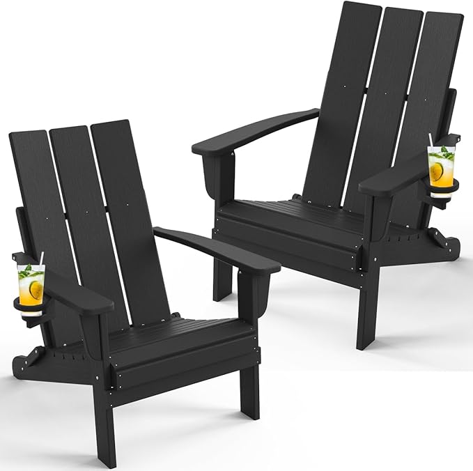 Adirondack Chair with Cup Holder Set of 2, Folding Outdoor Lawn Chair, HDPE Plastic Fire Pit Chair, Weather Resistant Patio Chairs for Deck, Porch, Backyard, Garden, Black
