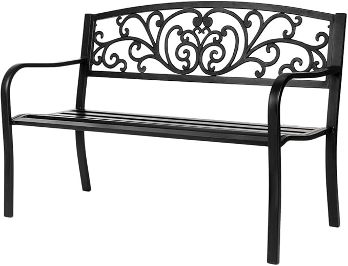 VINGLI Outdoor Bench for Patio Metal Garden Bench w/PVC Back Pattern, Black Park Benches Front Porch Benches for Yard Lawn Decor Deck Entryway (Black-Floral)