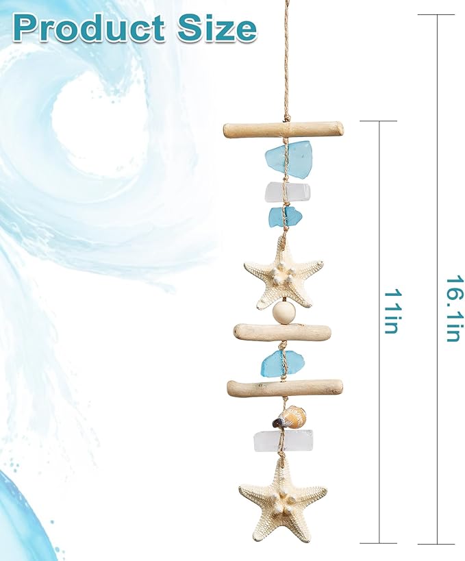 JQAQJU Sea Glass Wooden Nautical Wall Decor, Coastal Starfish Bathroom Decor Sea Shells, Driftwood Beach Room Decor for Home Indoor Outdoor, Coastal Wall Art for Living Room, Bedroom and Dining Room