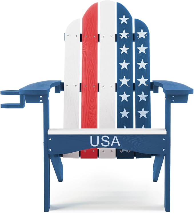 LUE BONA HDPS Adirondack Chairs Set of 6, Fire Pit Outdoor Chair Weather Resistant with Cup Holder, Modern Plastic Chair Plastic for Patio, Deck, Proch, 350LBS, Flag Blue