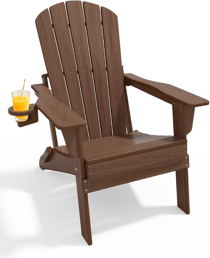 Upgraded Folding Adirondack Chair with All-Weather Cup Holder-EcoVida, Premium Wood Grain Texture, HDPE Waterproof, Suitable for Fire Pit, Patio, Porch, Coffee