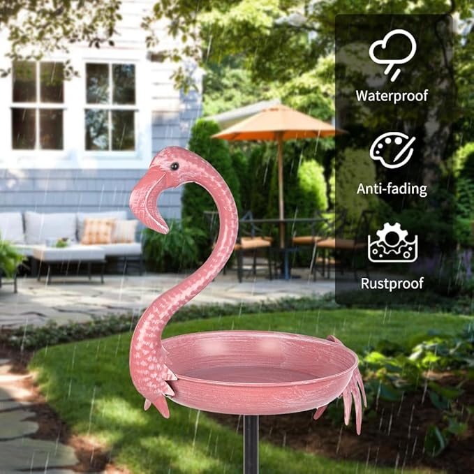 Pink Flamingo Bird Bath - 12-inch Metal Outdoor Bird Bath with 5-Prong Ground Stake, Rust-Resistant Garden Feeder for Patio Decor, Bird Lover Gift