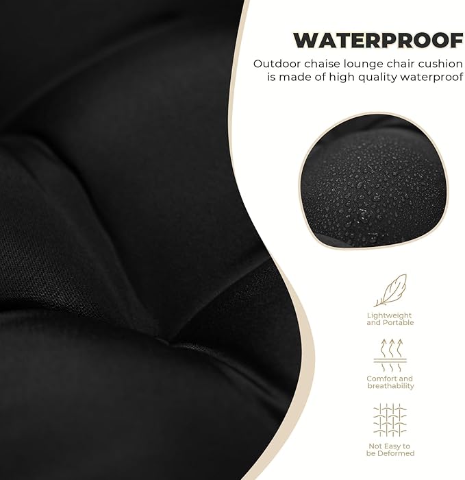 Waterproof Lounge Chair Cushion Outdoor for Chairs, Fade Resistant Chaise Lounger Replacement Cushions with 6 Ties, Thickened Memory Foam Pool Lounge Chair Cushions, 76 x 22 x 4.7 Inches, Black
