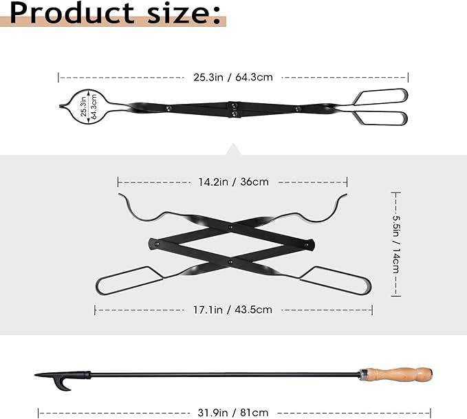 26" Fireplace Fire Pit Tongs & 32" Fire Pit Poker, Fireplace Wood Stove Firewood Tongs, Black Heavy Duty Wrought Iron Log Grabber Tools for Campfire, Bonfires, Indoor & Outdoor Use