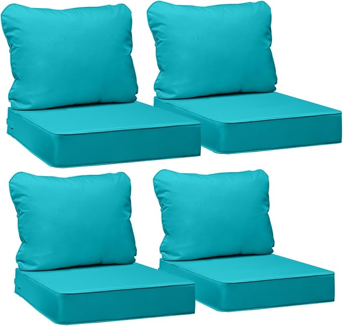 AAAAAcessories Outdoor Deep Seat Cushions, Waterproof, Fade-Resistant Patio Furniture Replacement Cushions, 25.5" x 25.5" x 5" + 25.5" x 19", Set of 4, Turquoise Blue